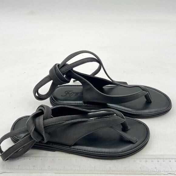 FOWT Black Split Round Toe Sandals Lace up Strappy Soft Flip Flop Casual Flats - Picture 4 of 8